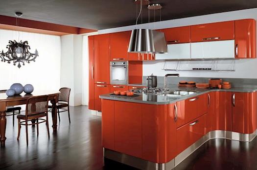 High gloss lacquered curved kitchen cabinets