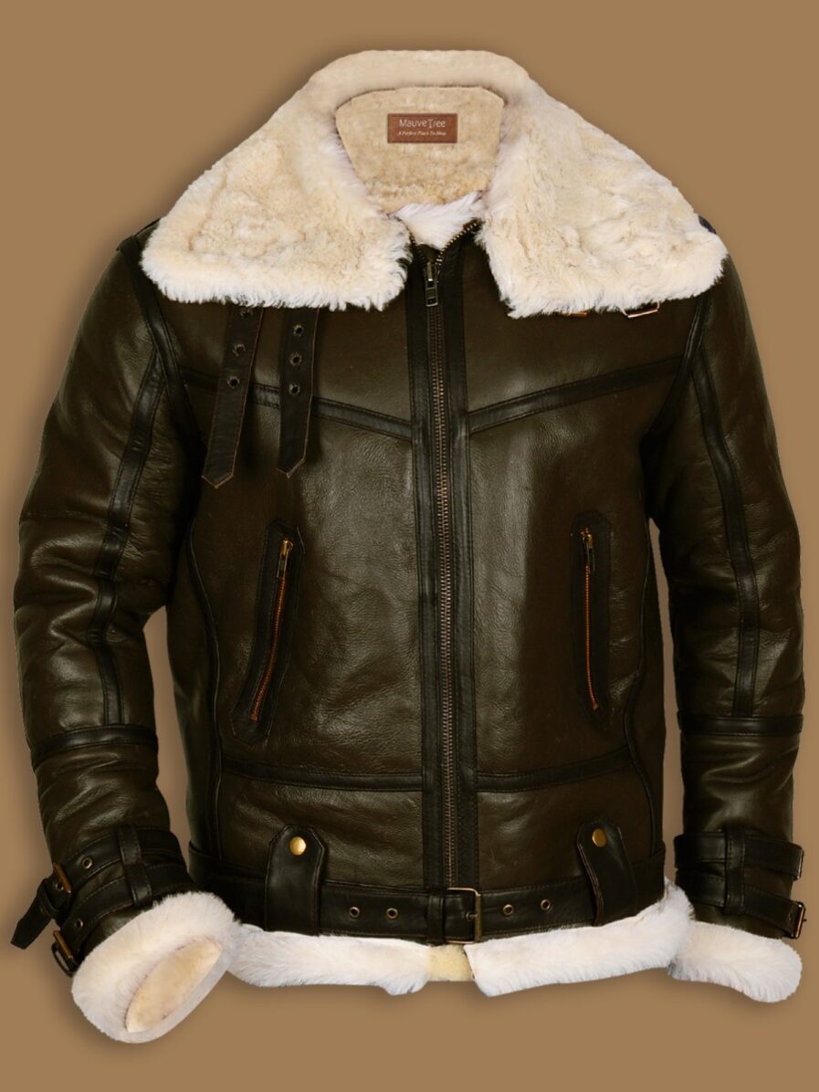 Army Green Men B3 Bomber Shearling Leather Jacket