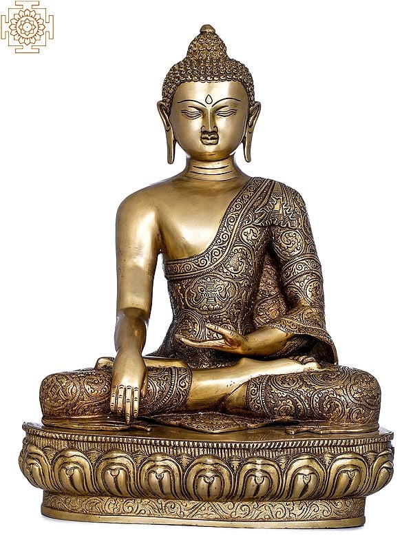21'' Shakyamuni Buddha Brass Statue in Bhumisparsha Mudra Wearing Fully Carved Robe