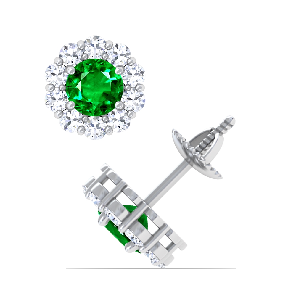 Round Emerald Diamond Halo Earrings (2.10cttw)