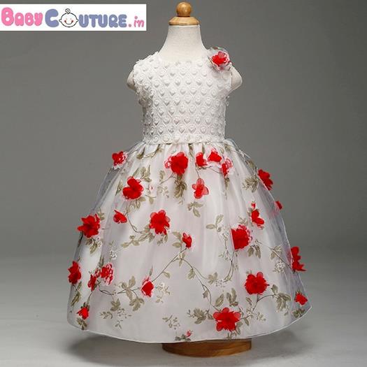 3D Red Flowers Elegant Kids Party Dress|BabyCouture