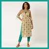 Jaipur Kurti Beige printed straight kurta with Rayon Solid Green Pant