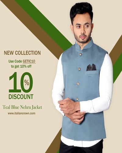 Solid Sleeveless Teal Blue Colored Nehru Jacket - Italiancrown