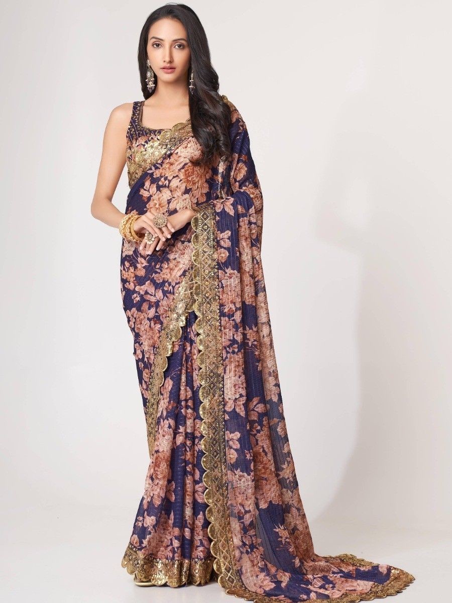 Lovely Purple Floral Print Organza Party Wear Saree With Blouse