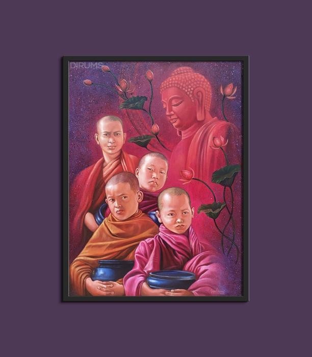 Lord Buddha With Monks Painting, Acrylic On Canvas, by Gopal Sharma