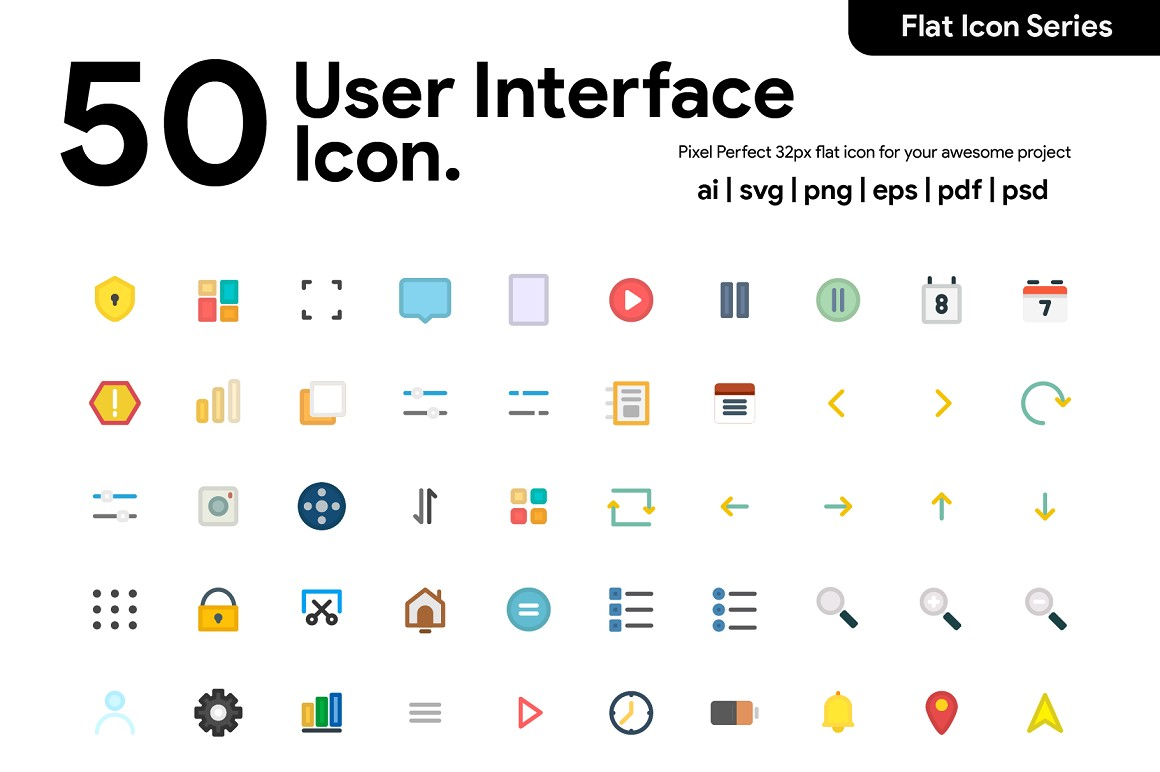 50 User Interface Icon with Flat Style - Draftik