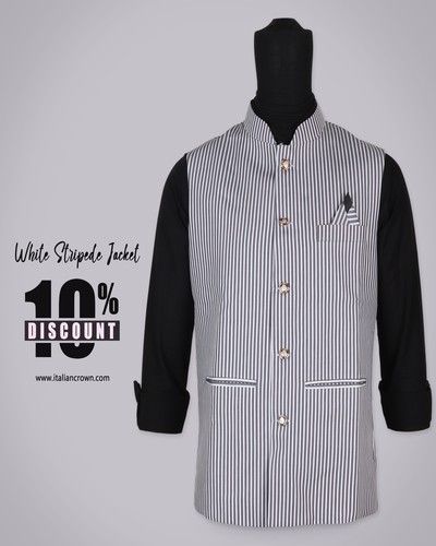 White Striped Regular FIt Round Collar Nehru Jacket - Italiancrown