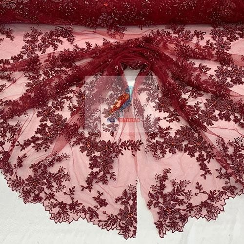 Floral Embroidered Bridal Beaded Mesh Lace Fabric For Prom Dress
