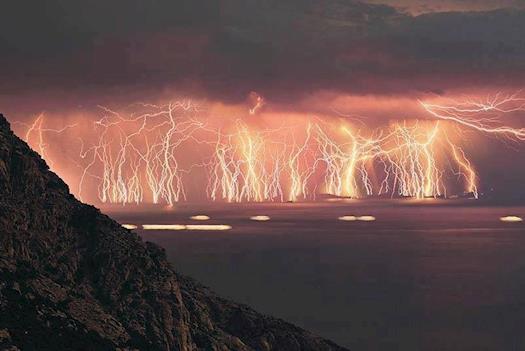 This is an image sequence containing 70 lightning shots, taken at Ikaria island during a severe thu