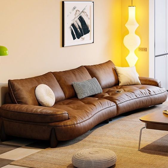 Pillows Recessed Arm Contemporary Dark Brown Genuine Leather Sofa Sofa