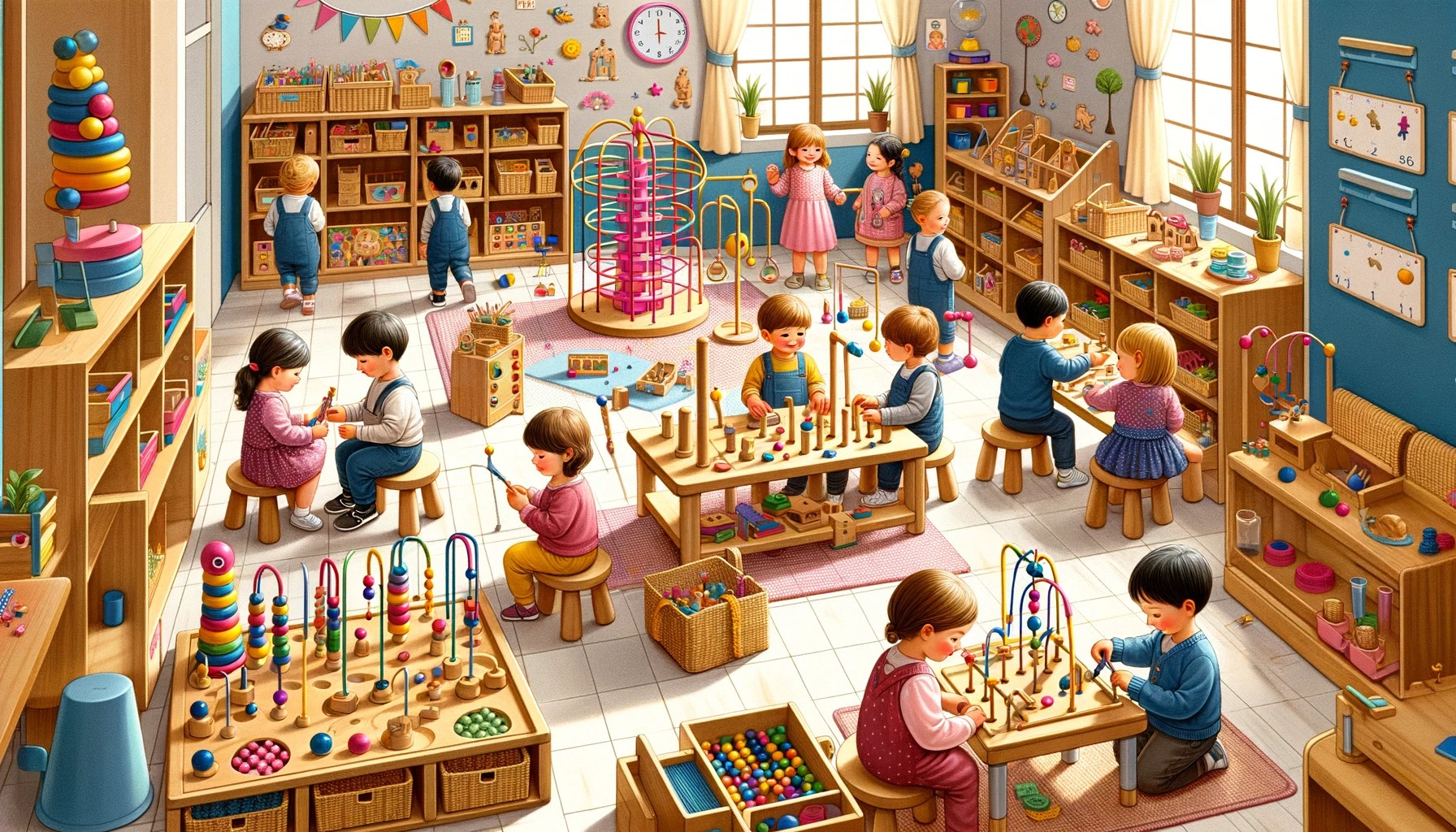 Montessori classroom with children of various ages actively engaged in using different Montessori materials. The scene reflects a vibrant and organized learning environment filled with exploration and discovery.