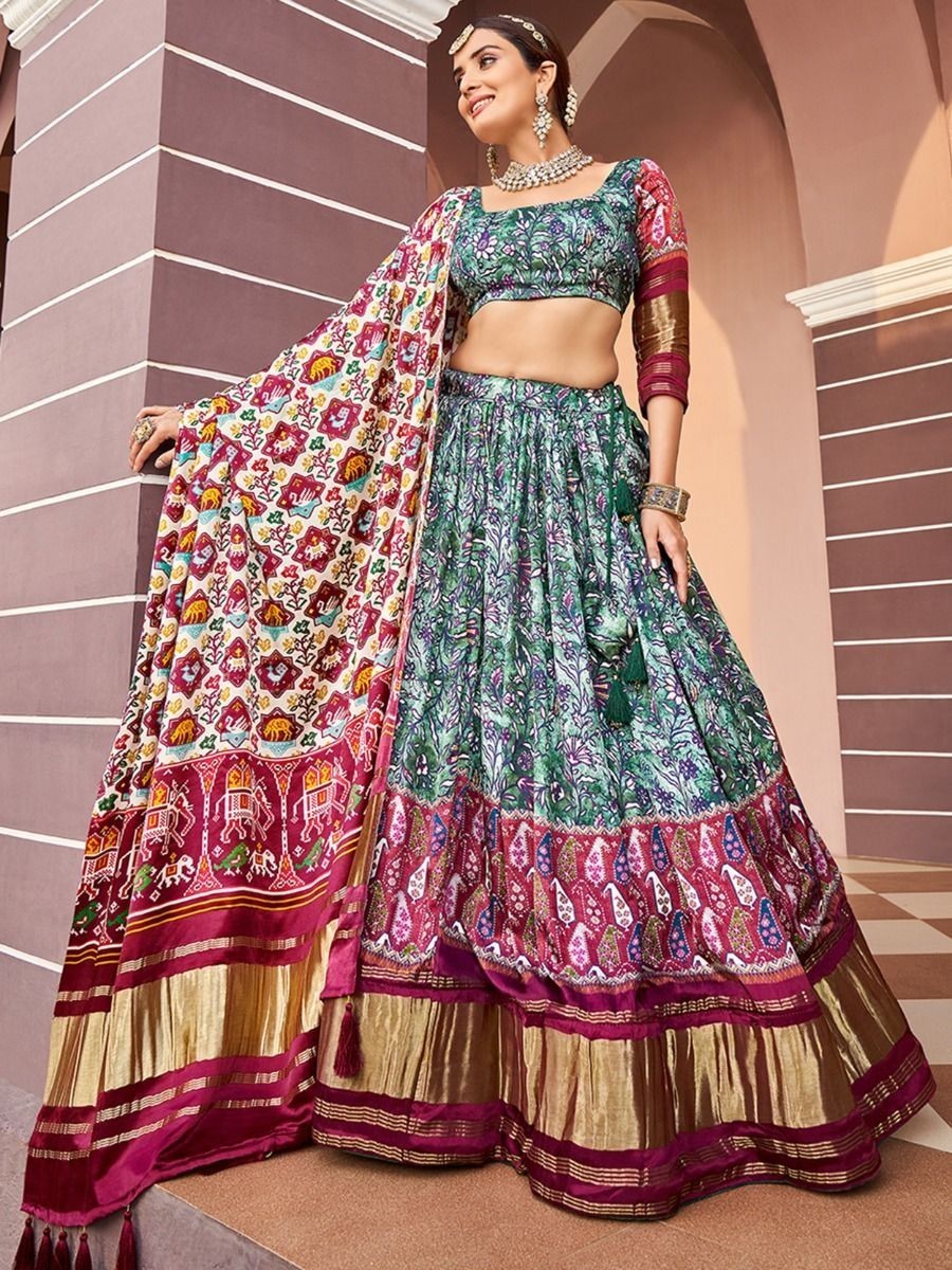 Remarkable Green And Pink Fancy Printed Gaji Silk Lehenga Choli