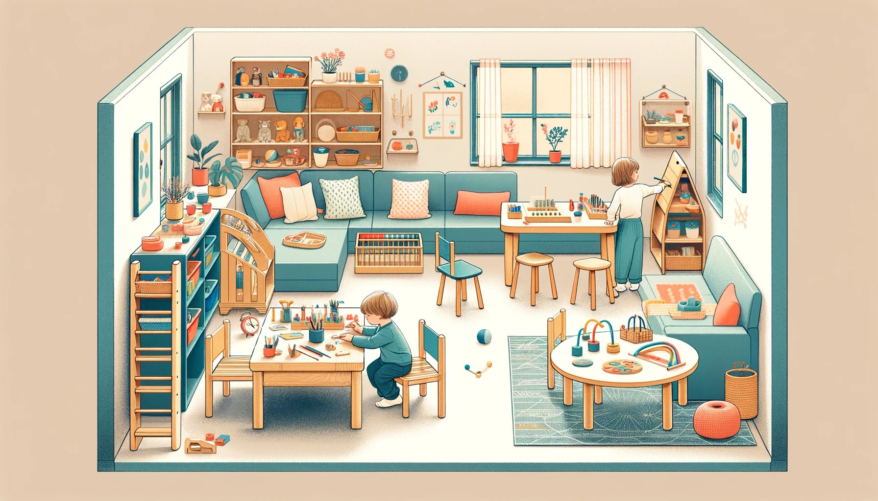 home setting transformed into a Montessori learning environment, depicting a space organized with Montessori principles where children are engaging independently and collaboratively with various materials.