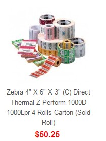 Zebra 4'' X 6'' X 3'' (C) Direct Thermal Z-Perform 1000D 1000Lpr 4 Rolls Carton (Sold Roll)