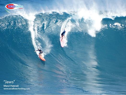 Surfers drop into wave at Jaws in Maui Hawaii