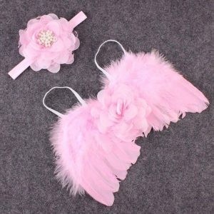 Cute Pink Feather Baby Girl Angel Wings With Pink Flower Lace Headband