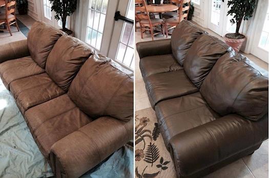 Restored and redyed a leather analine sofa before and after
