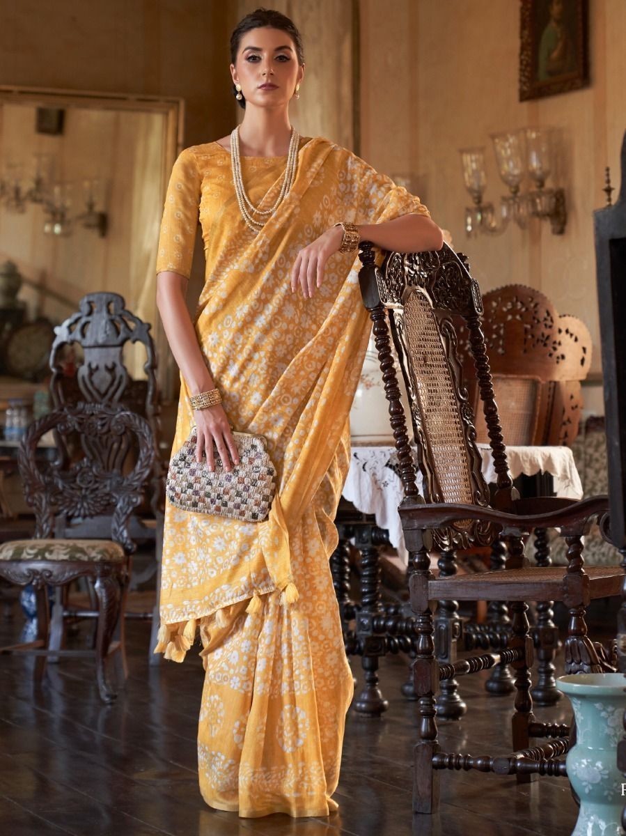 Astonishing Yellow Floral Printed Cotton Contemporary Wear Saree