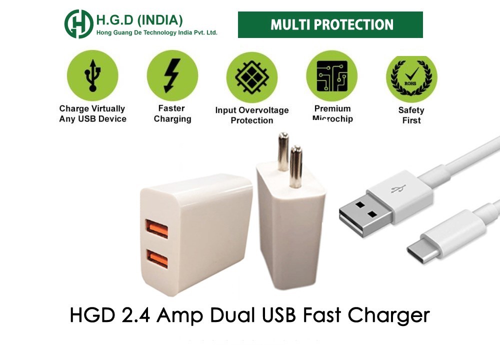 HGD 2.4 Amp White Dual USB Fast Charger Manufacturers India | HGD India Pvt. Ltd.