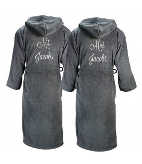 A PIPPING HOODED MR & MRS SET OF TWO EMBROIDERY TERRY TOWELLING BATHROBE