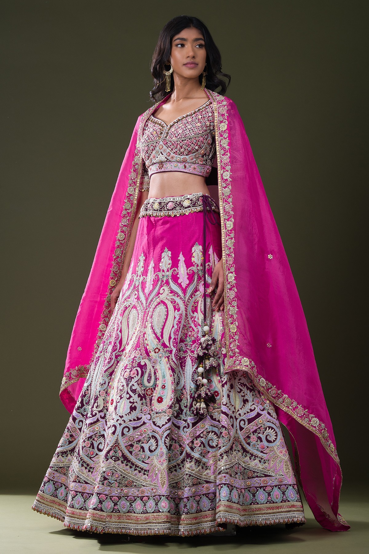 Purple & Pink Ombre Resham Embroidered Silk Reception Lehenga