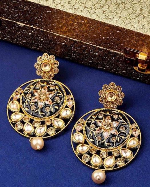 Darbari Chandbali Earrings with Floral Motifs and Pearls