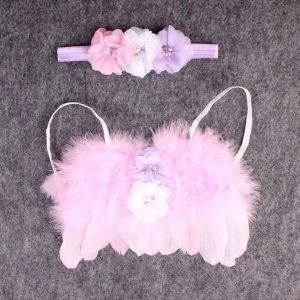 Pink Feather Angel Wings With White-Violet Flowers and Headband