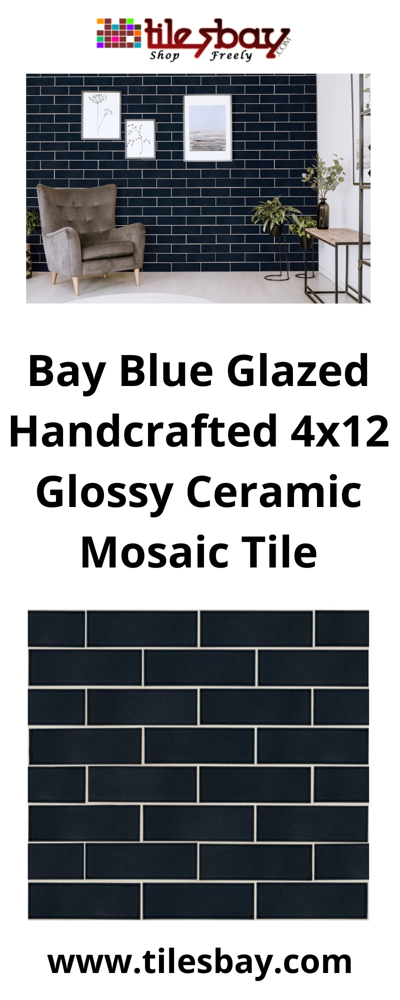 Bay Blue Glazed Handcrafted 4x12 Glossy Ceramic Mosaic Tile