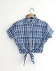 Blue Knot-Front Flannel Crop Top