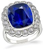 Cushion Cut Ceylon Sapphire Old Mine Cut Diamond Platinum Engagement Ring