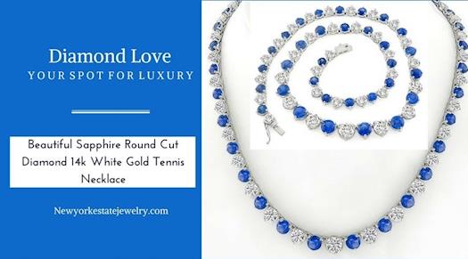 Beautiful Sapphire Round Cut Diamond 14k White Gold Tennis Necklace