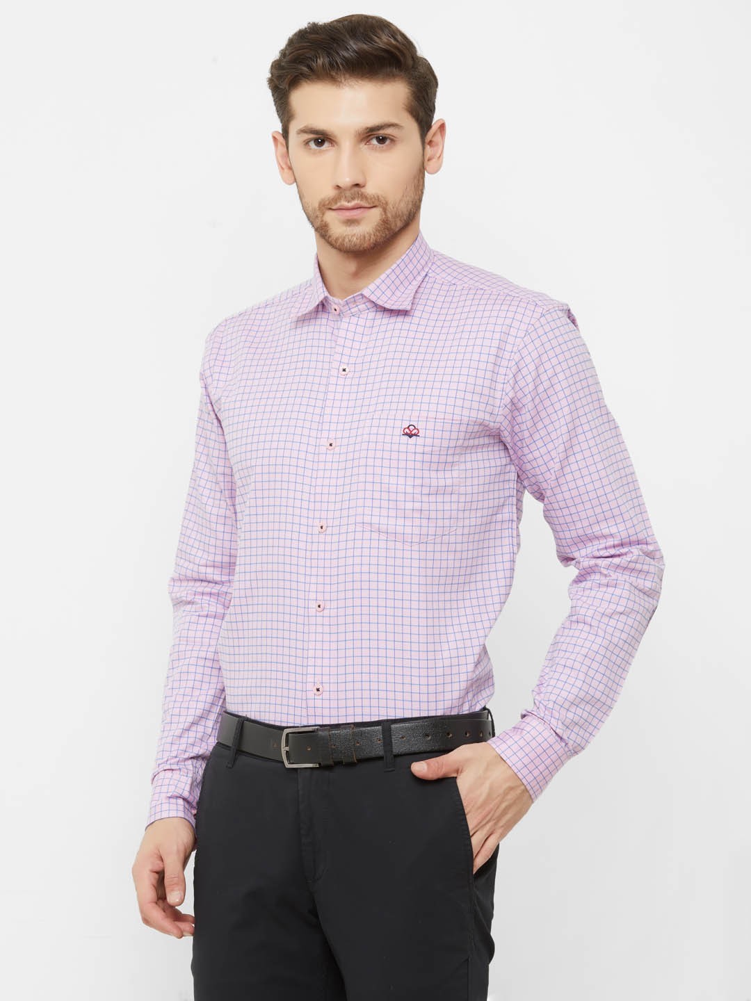 Men Pink Cotton Regular Fit Checked Formal Shirt