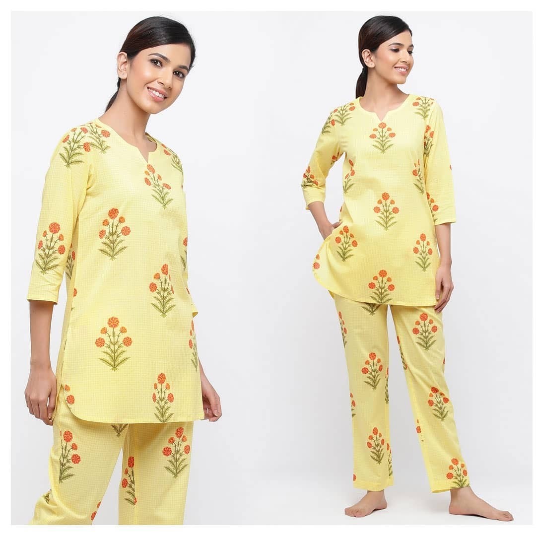 Jaipur Kurti Women Yellow Floral Print Straight Cotton Lounge Wear