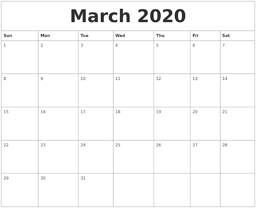 March 2020 Calendar 
