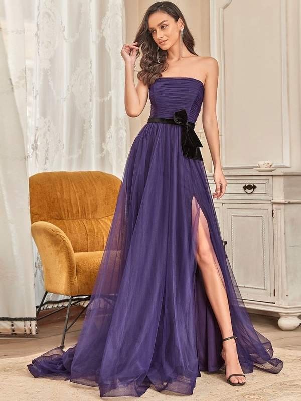 Celia strapless tulle ball dress with split in dark purple