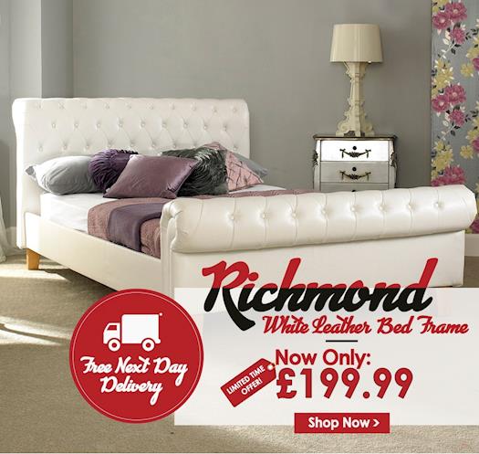 Sareer Richmond White Leather Bed Only on £199.99 | FURNITURE DIRECT UK