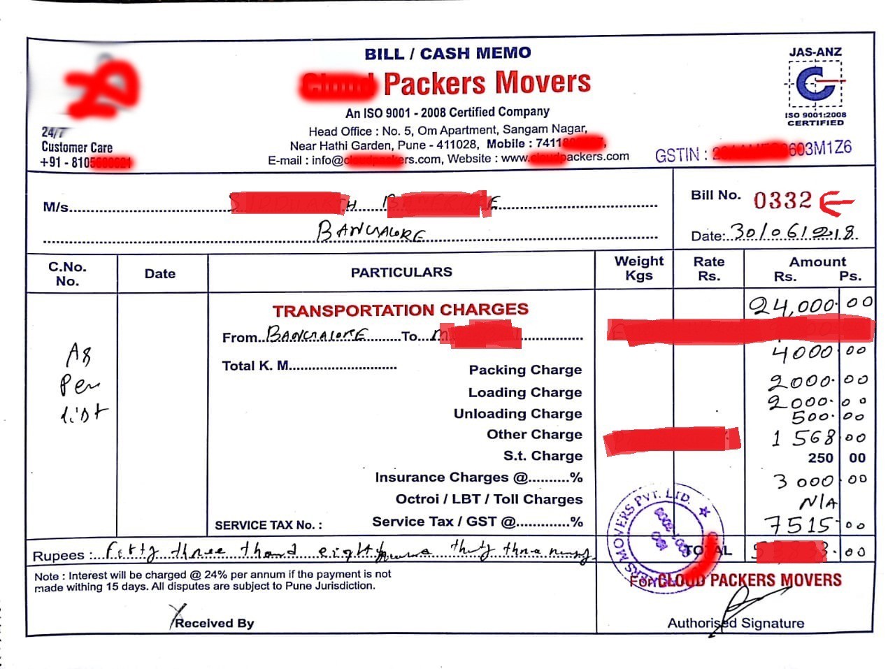 packers and movers bill