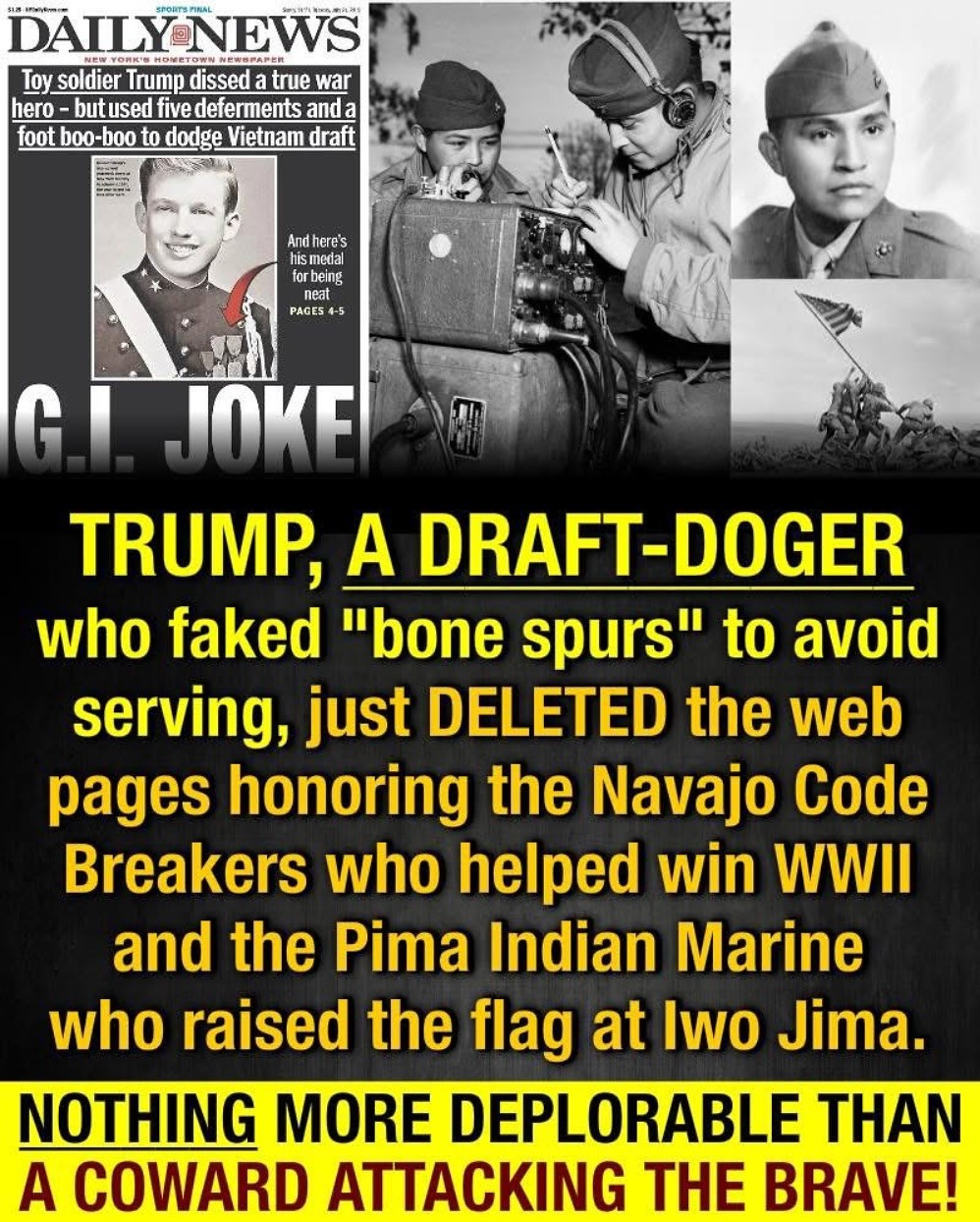 How dare he. Trump claims it’s “DEI” to honor our Native American war heroes... when he ran away from serving himself!