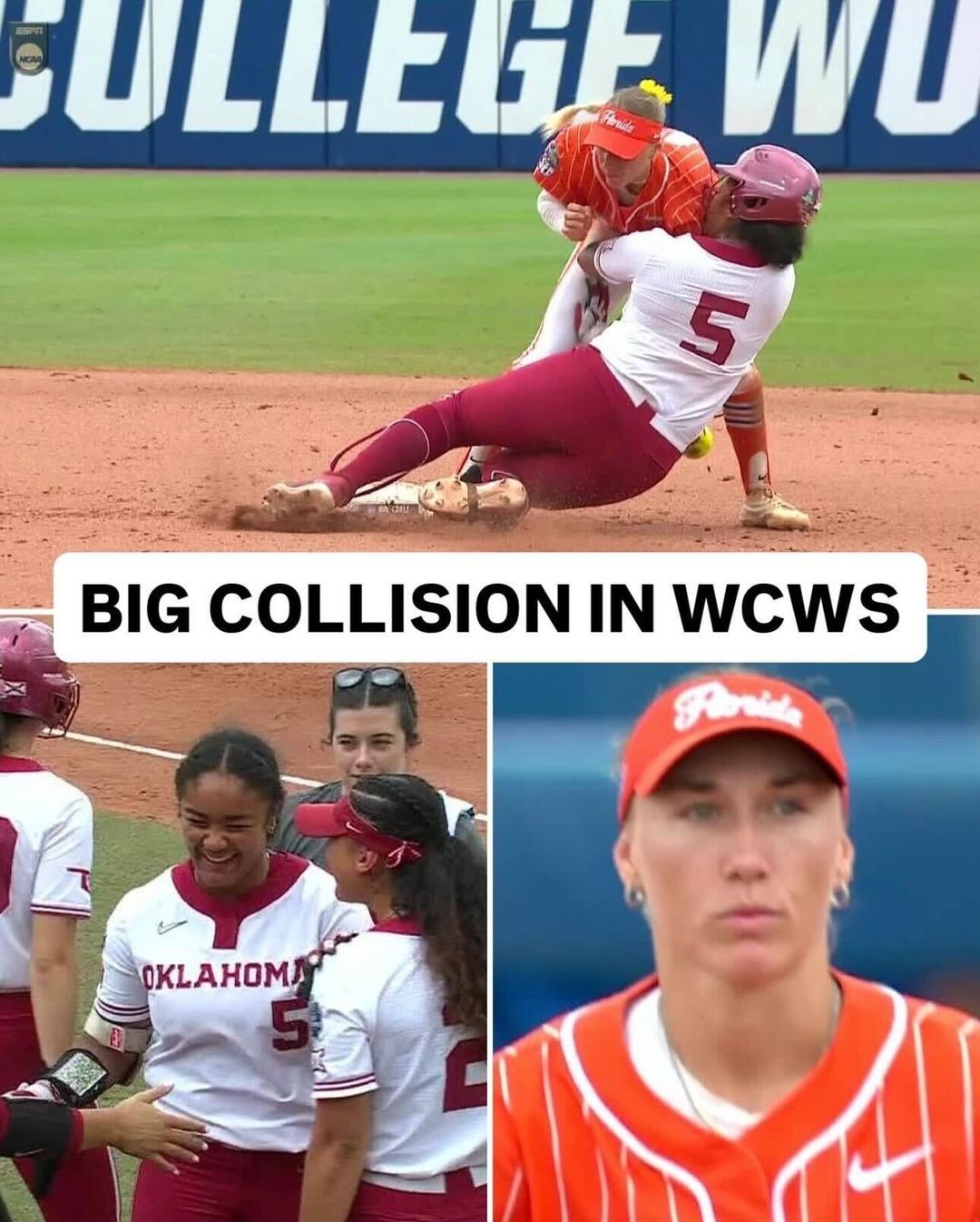 Oklahoma’s Ella Parker and Florida’s Skylar Wallace were involved in a collision at second base.

Both players were okay...