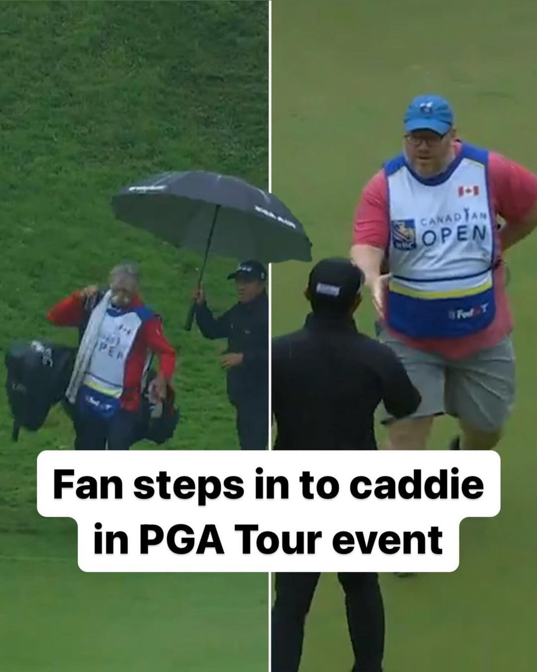 C.T. Pan’s Caddie, Mike ‘Fluff’ Cowan was injured after a fall. A fan from the gallery volunteered to carry the bag whil...