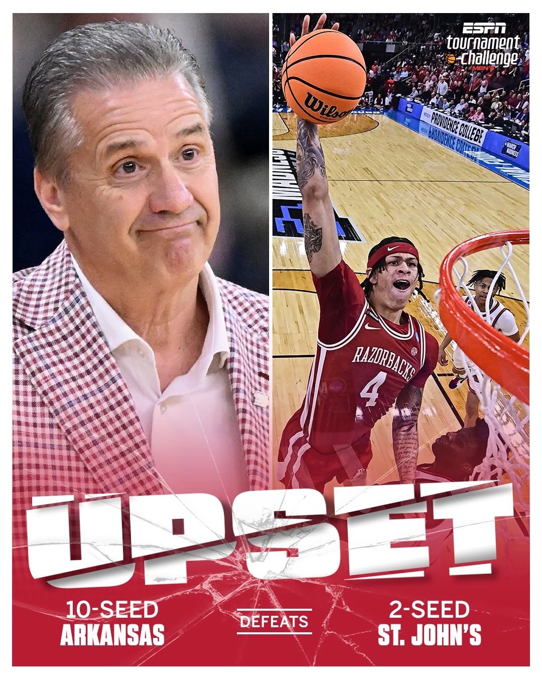 THE 10-SEED RAZORBACKS SURVIVE THE ST. JOHN'S RALLY! ?? John Calipari is just the second coach to take FOUR different sc...